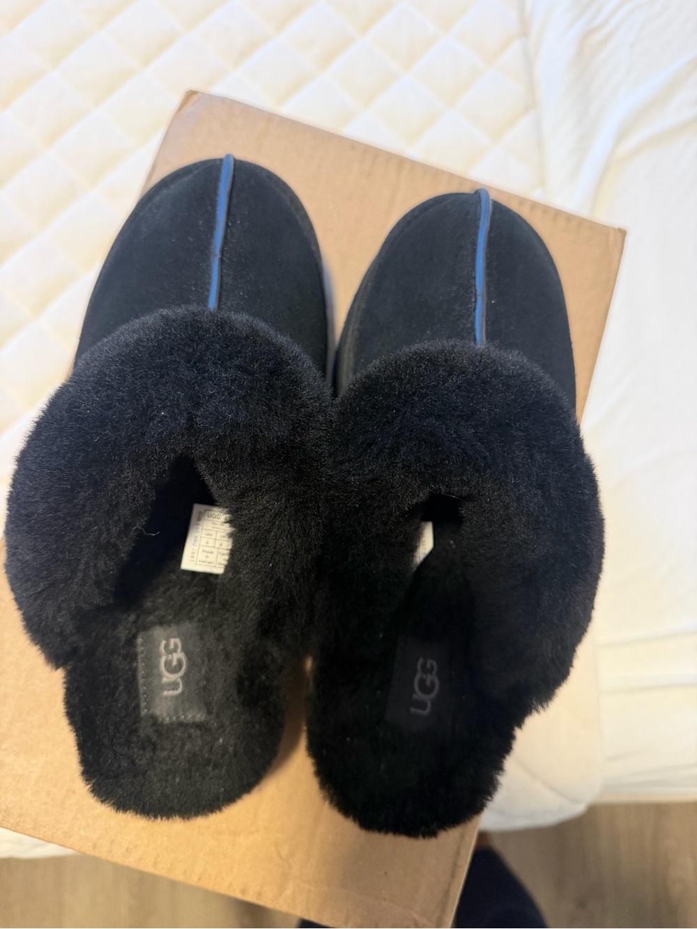 UGG Black Suede Shearling Clog Slippers with Blue Accent